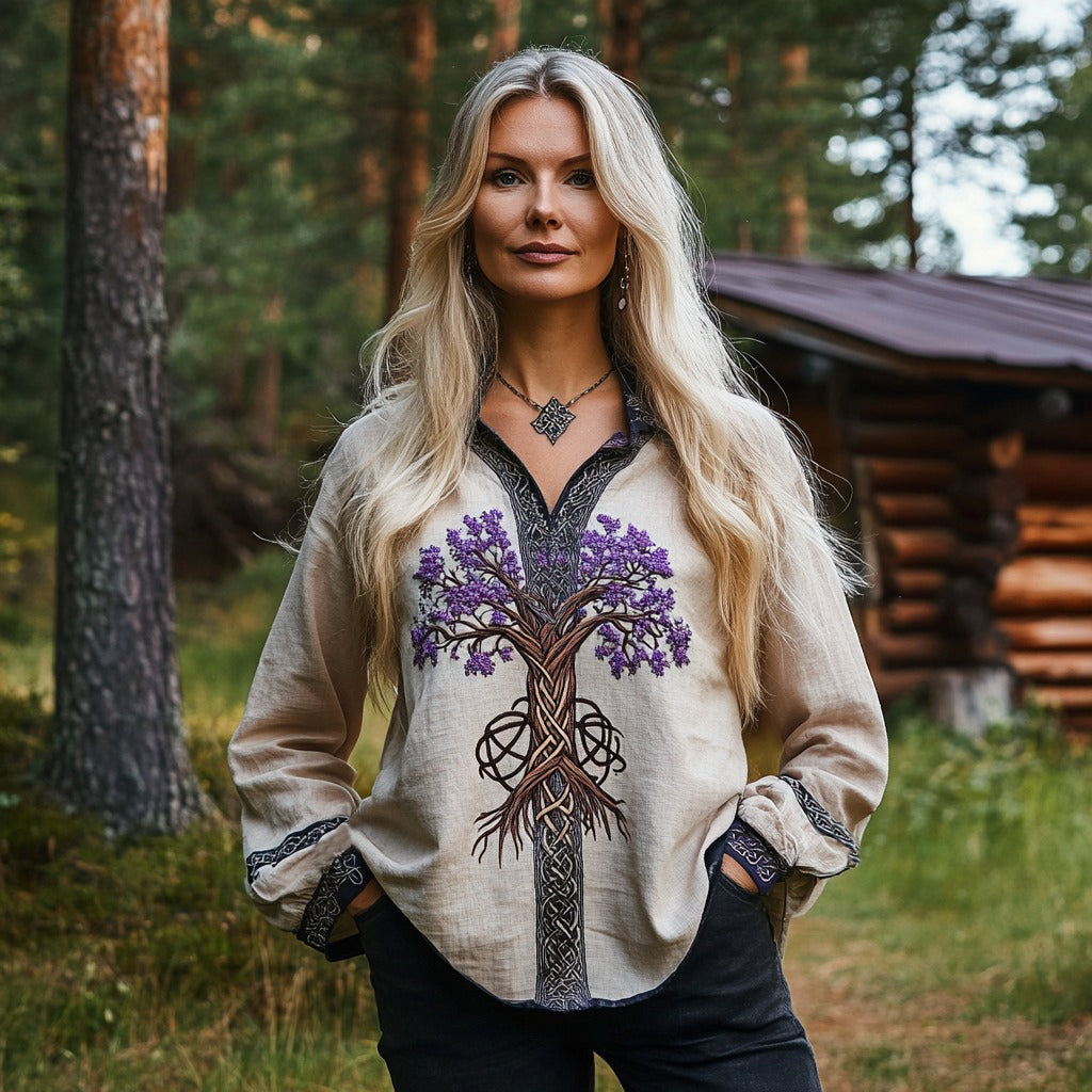 Women's Viking Purple Blossom Tree Of Life Cotton And Linen Long Sleeve Lapel Shirt elevenforest