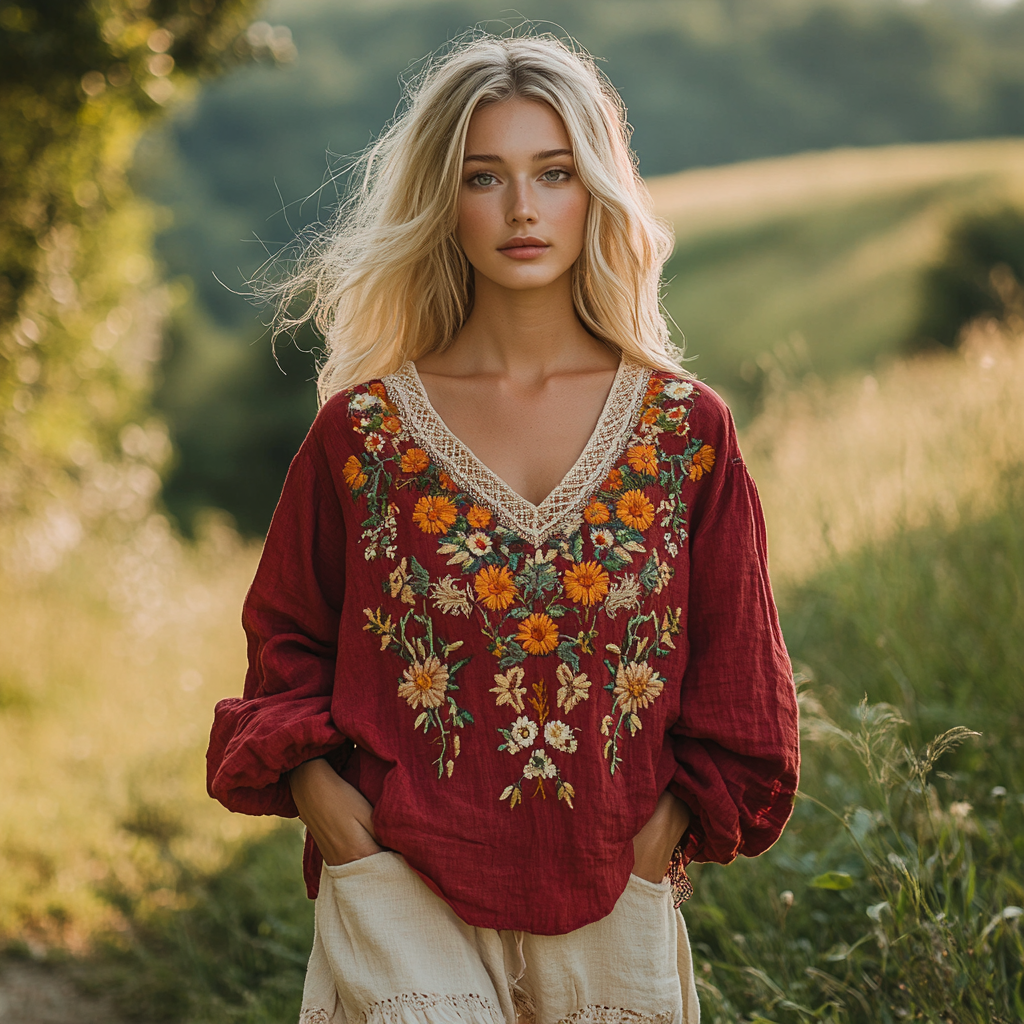 Retro Bohemian Floral Embroidery Art  Linen Blend Loose Blouse elevenforest