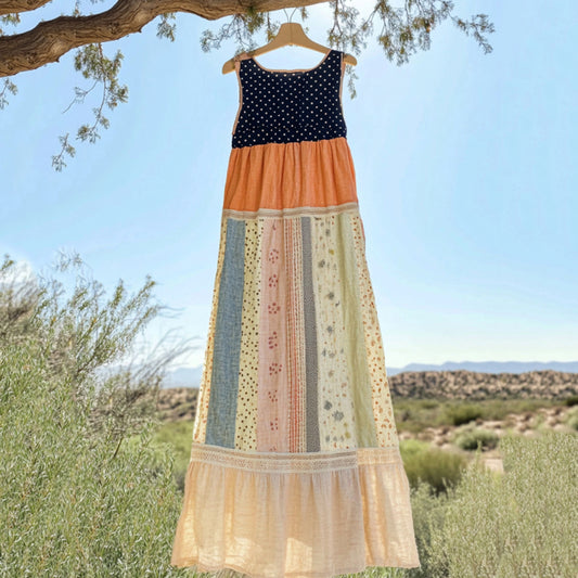Vintage Polka Dot And Floral Patchwork Art Linen Tank Dress elevenforest