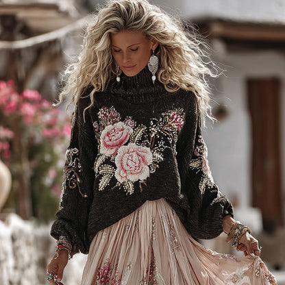 Vintage Rose In White Art Cozy Knit Turtleneck Sweater And Linen Skirt Two-piece Set artswardrobe