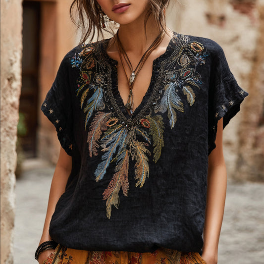 Western-style Colorful Feather Gemstone Element Vintage V-neck Linen Short-sleeved Shirt elevenforest