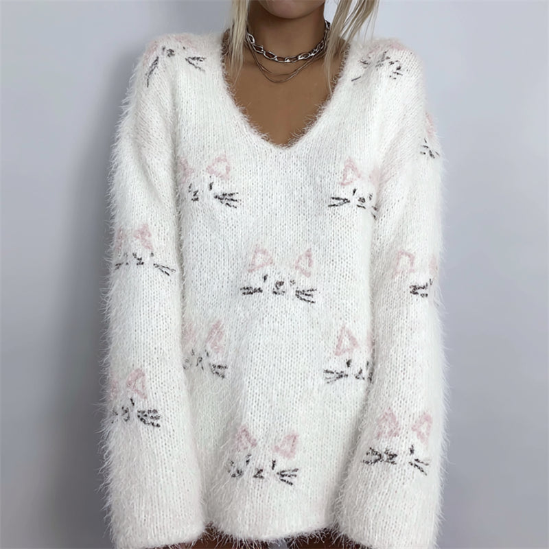 Lovely Cat Faces Embroidered Cozy Fuzzy Sweater elevenforest