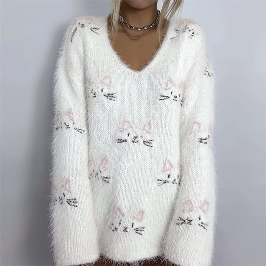 Lovely Cat Faces Embroidered Cozy Fuzzy Sweater elevenforest
