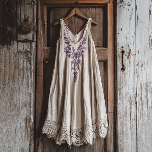 Boho Lavender Embroidered Pattern Lace Linen Dress elevenforest