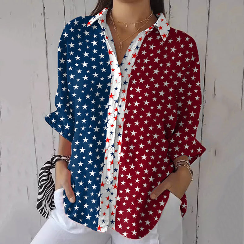 Comstylish Women's Retro Colorblock Independence Day Print Casual Shirt