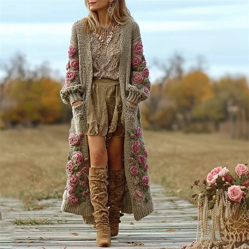 Vintage Pink Roses Crochet Chunky Cozy Long Cardigan artswardrobe