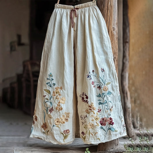 Vintage Floral Embroidered Art Comfy Linen Pants elevenforest