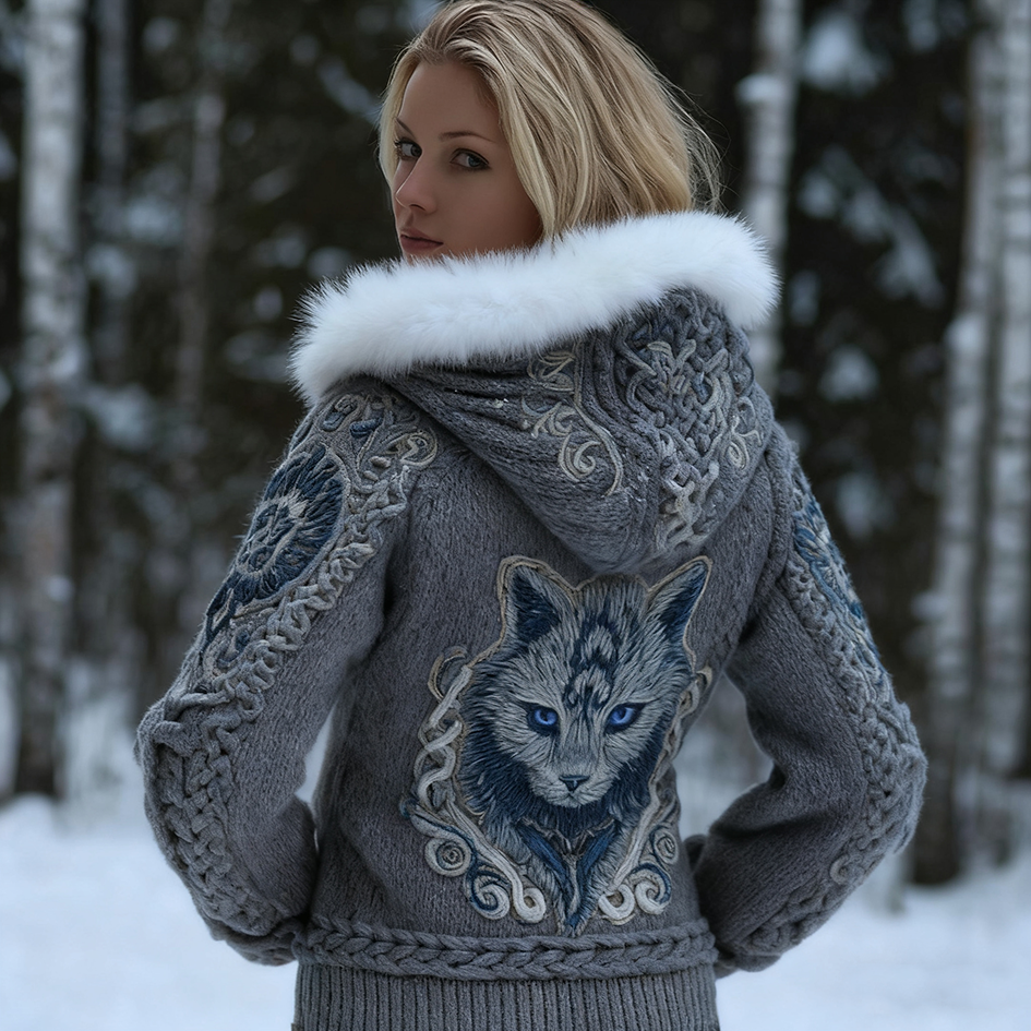 Viking Retro Style Cat Embroidery Pattern Women's Knit Hooded Sweater Jacket elevenforest