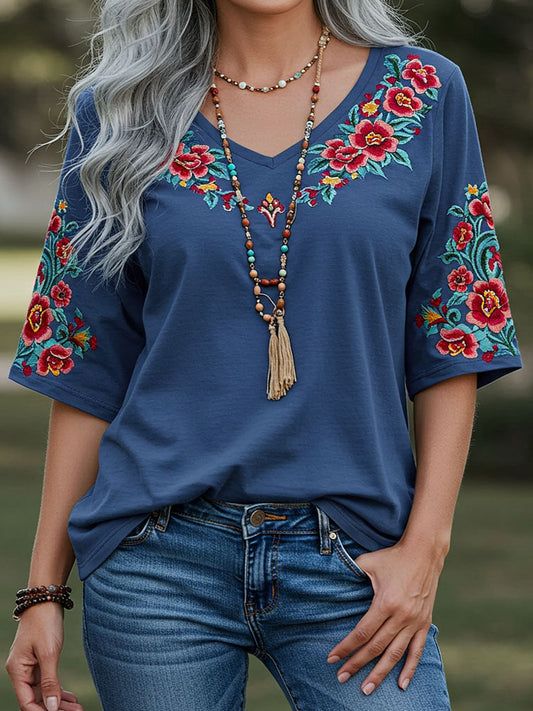 Women's Bohemia Ethnic Print Style Line Loose T-shirt elevenforest