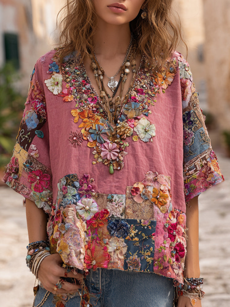 Bohemian Patchwork Three-dimensional Flower Rhinestone Embroidery Pink Vintage V-neck Short-sleeved Shirt elevenforest