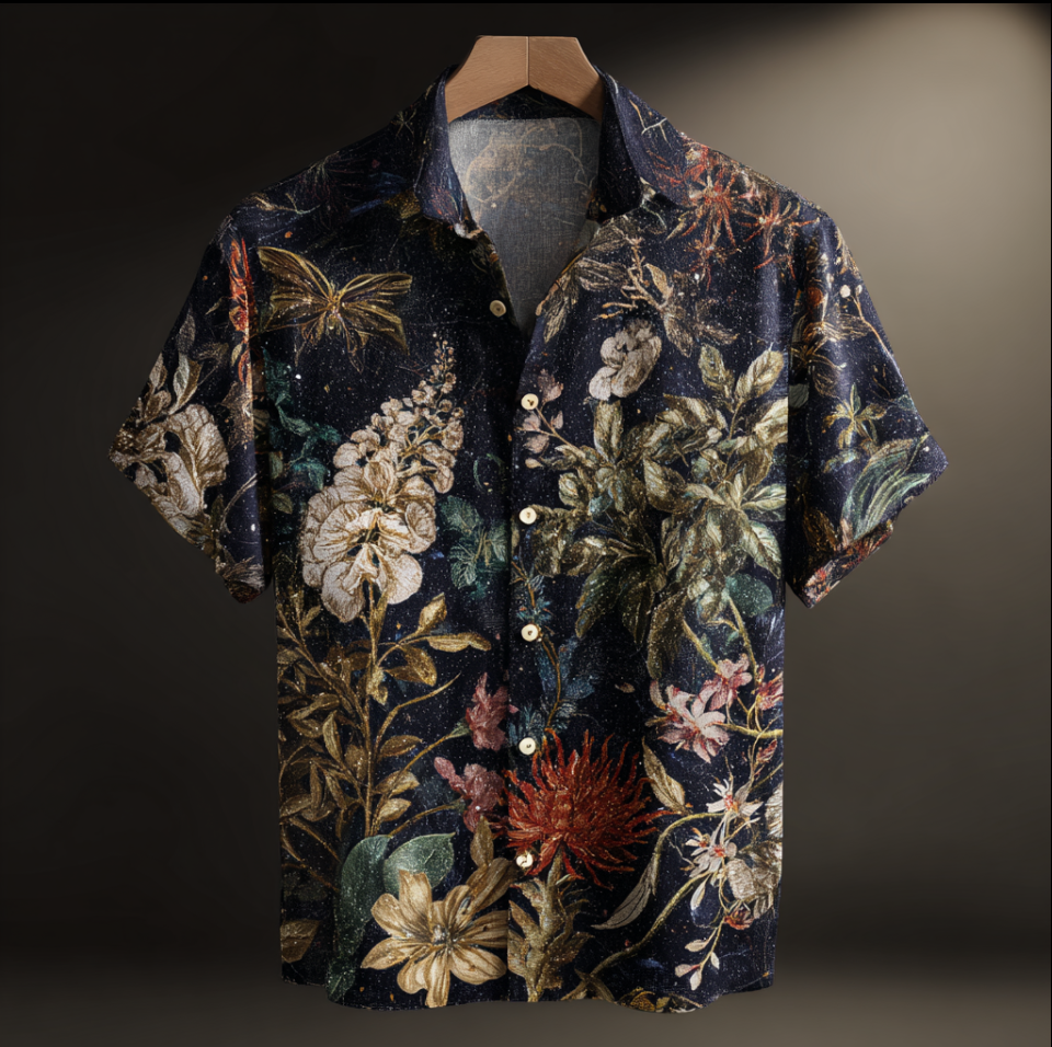 Bohemian Style Plant And Flower Pattern Men's Retro Cotton And Linen Shirt elevenforest