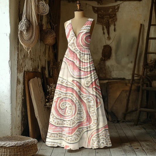 Vintage Floral Embroidered V Neck Linen Maxi Dress elevenforest