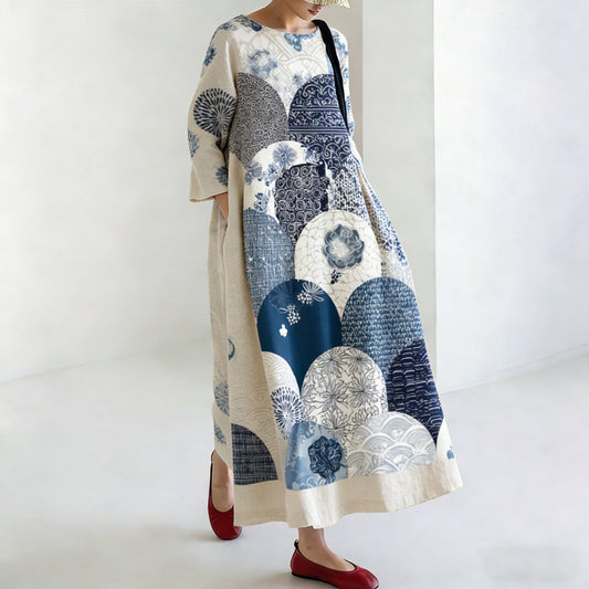 Comstylish Women's Japanese-style Linen Dress With Geometric And Floral Patterns