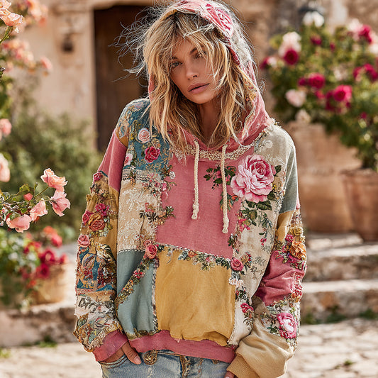 Vintage Rose Floral Patch Comfortable Warm Hoodie elevenforest