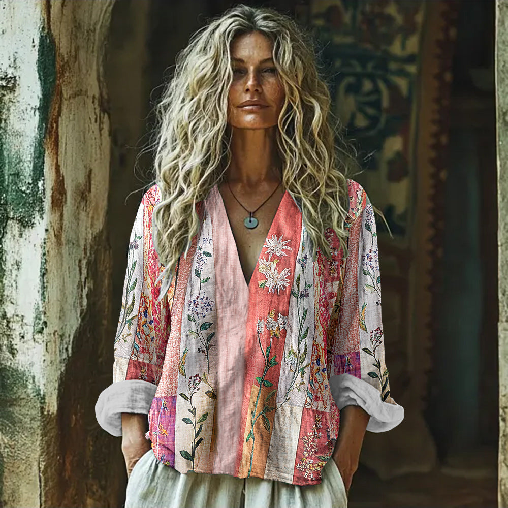 Vintage Boho Bohemian Ethnic Floral Patchwork Linen V-neck Tunic elevenforest