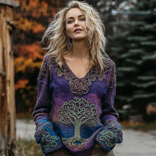 Viking Tree Of Life Knit Embroidered Women's V-neck Sweater elevenforest
