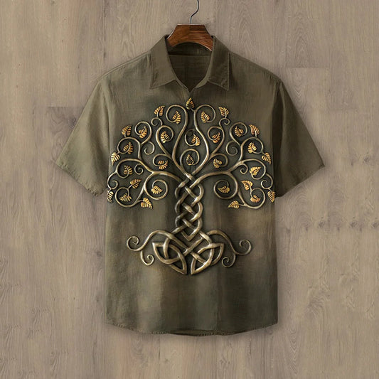 Men's Viking Life Of Tree Celtic Knot Embroidery Art Linen Shirts elevenforest