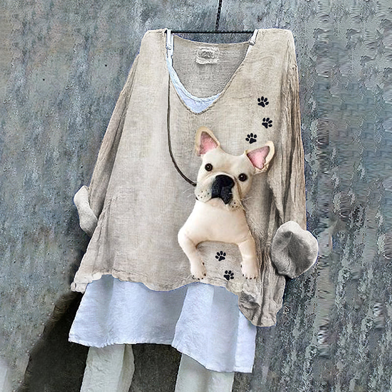 Women's Fun French Bulldog Applique Art Linen Blend Vintage Shirt elevenforest