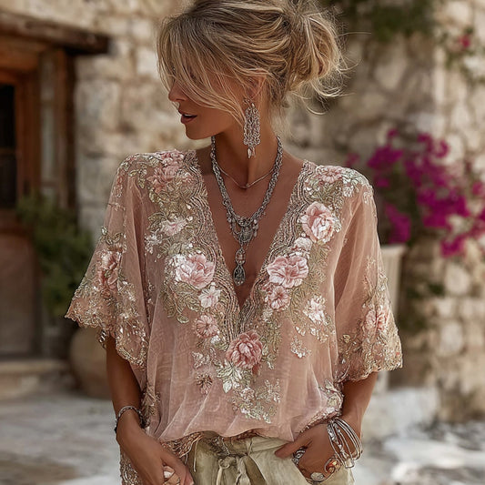 Women's Pink Flower Embroidered Art V-neck Short Sleeve Linen Blend T-shirt elevenforest