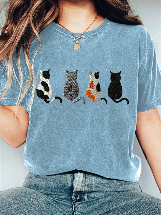 Cat Embroidery Pattern Casual Cotton T-Shirt elevenforest