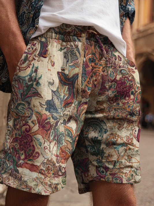 Western Bohemian Style Plant And Flower Pattern Retro Cotton And Linen Loose Men's Shorts elevenforest