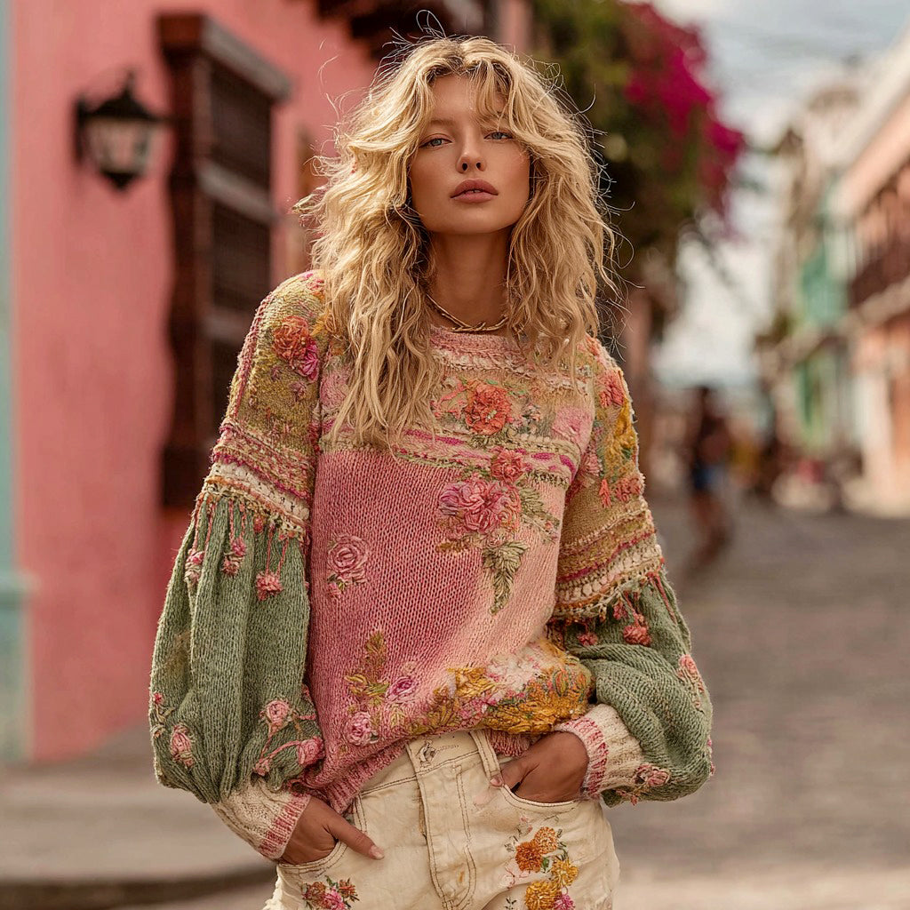 Women's Vintage Bohemian Floral Embroidery Knitted Crew Neck Sweater elevenforest