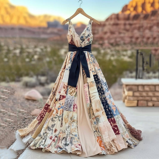 Women's Vintage Floral Patchwork Art Comfy Linen Dress elevenforest