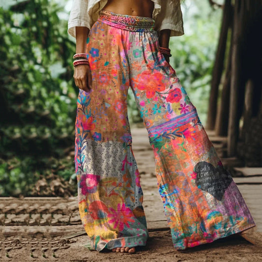 Vintage Bohemia Floral Pattern Women's Linen Blend Casual Pants elevenforest
