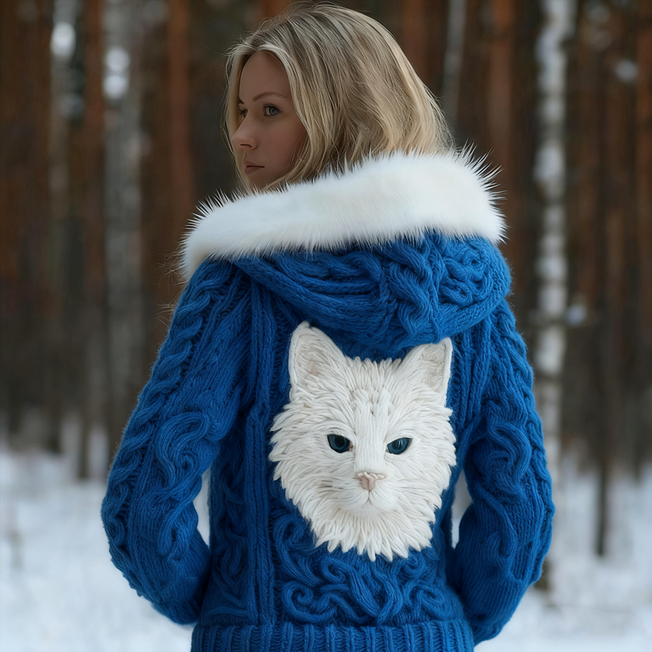 Viking Retro Cat Design Women's Hooded Knit Sweater Jacket elevenforest