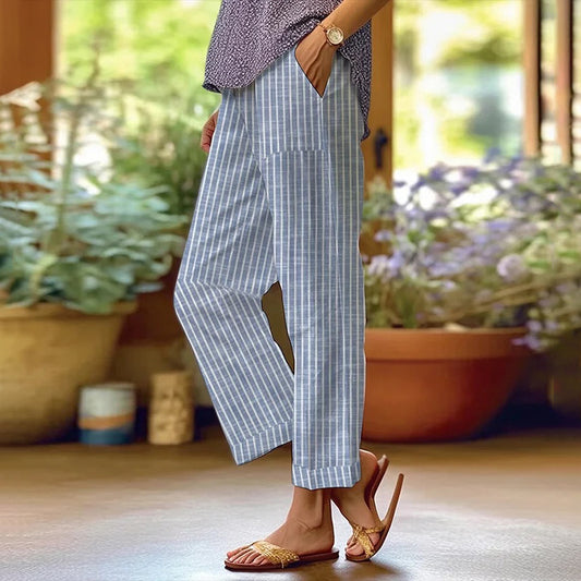 Women's Retro Striped Design Loose Pocket Patchwork Linen Casual Pants elevenforest