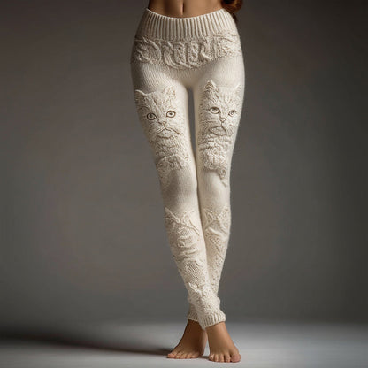 Cute Fuzzy Cat Embroidered Cozy Knit Leggings elevenforest