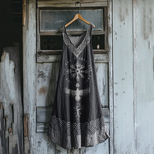 Women's Viking Tribal Bird Totem Linen Tank Dress elevenforest