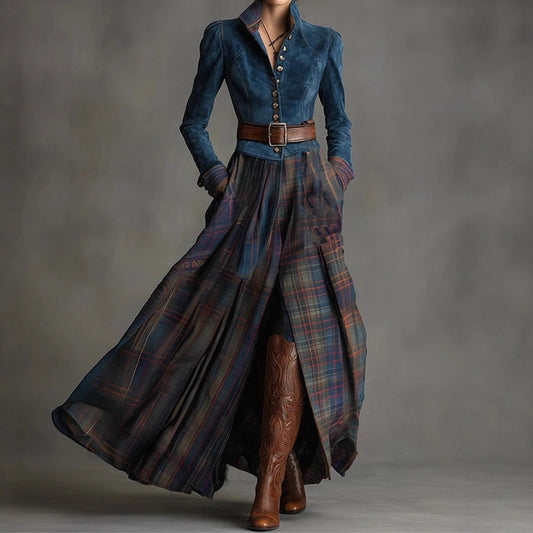 Comstylish Vintage Style Suede And Plaid Patchwork Maxi Dress (with Belt)
