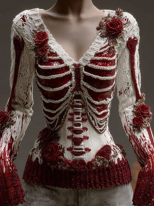 Vintage Skeleton Bloody Roses V Neck Knit Sweater artswardrobe
