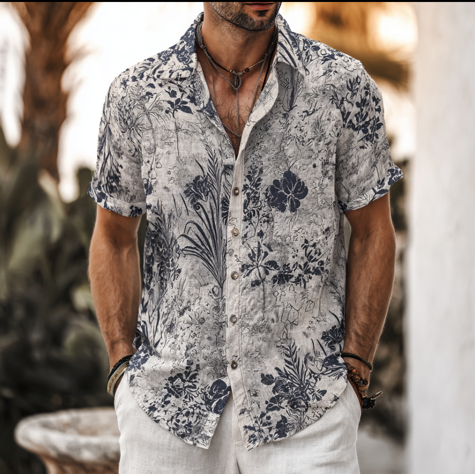 Bohemian Style Plant And Flower Pattern Men's Retro Cotton And Linen Shirt elevenforest