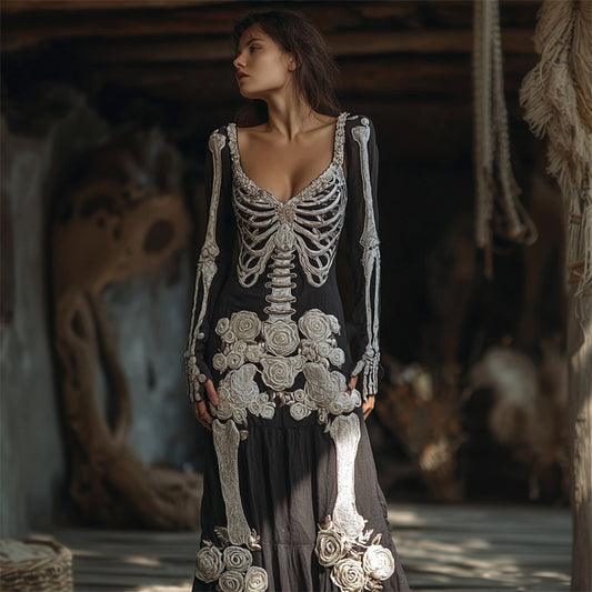 Vintage Skeleton White Floral Beaded Linen Maxi Dress elevenforest