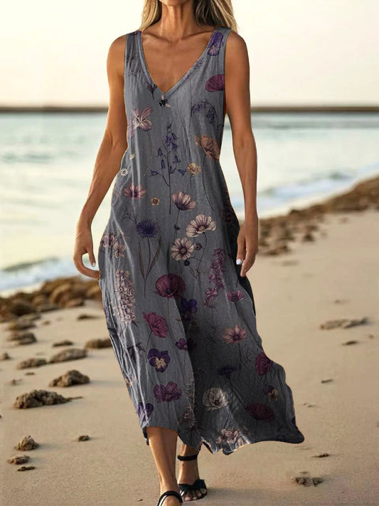 Women's Folk Art Floral Pattern Print V-Neck Sleeveless Cotton Pocket 