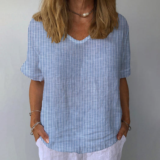 Women's Retro Striped Cotton And Linen Top elevenforest