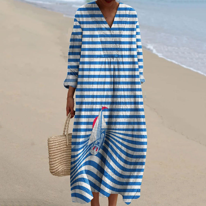 Comstylish Women's Retro Striped Sailboat Print Cozy Linen Dress