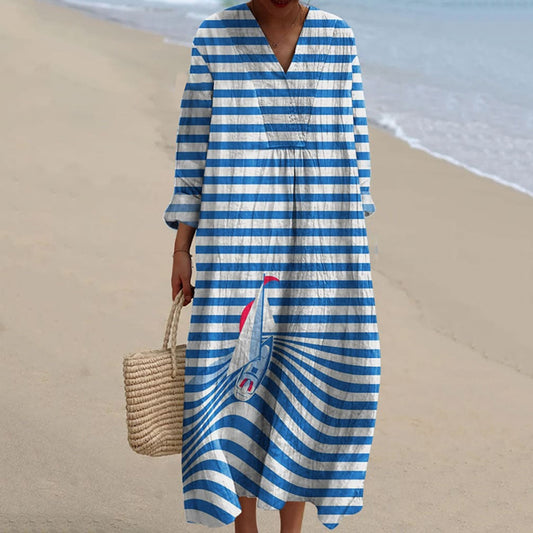 Women's Retro Striped Sailboat Print Cozy Linen Dress elevenforest