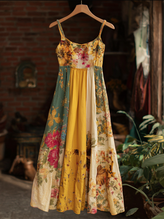 Bohemian Style Plant Flower Pattern Multi-color Women Cotton And Linen Strap Long Dress elevenforest