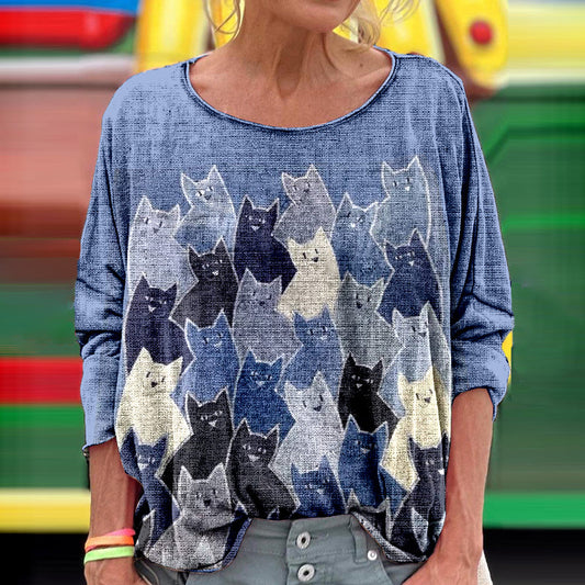 Women's Abstract Geometric Cat Art Print Vintage Linen Crew Neck T-shirt elevenforest