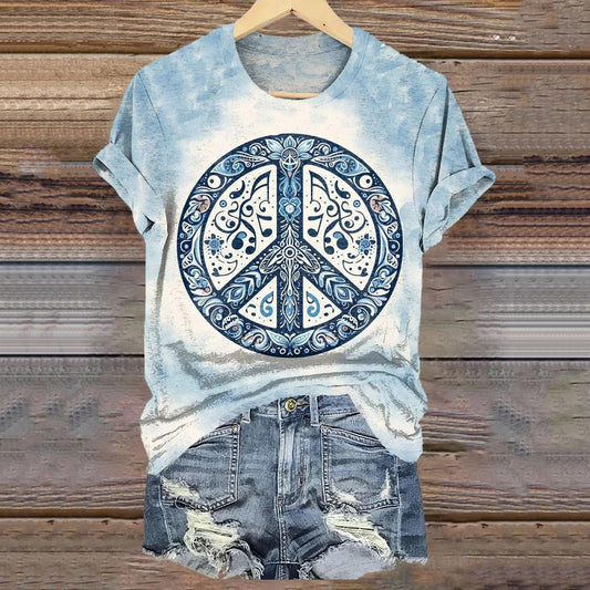 Comstylish Vintage Peace Love Tie Dye Hippie Art Short Sleeve Casual T-shirt