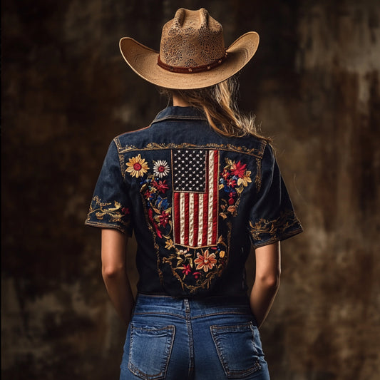 Independence Day Flower Embroidery Lapel Short-sleeved Shirt elevenforest