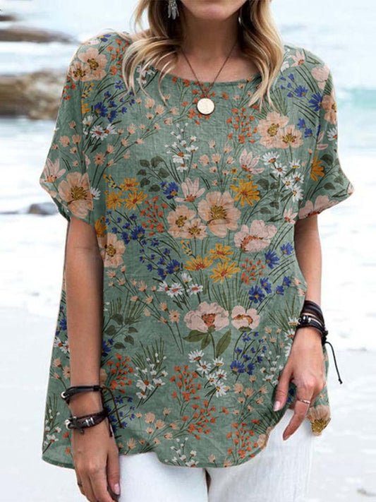 Women's Elegant Retro Floral Pattern Round Neck Cotton and Linen Top