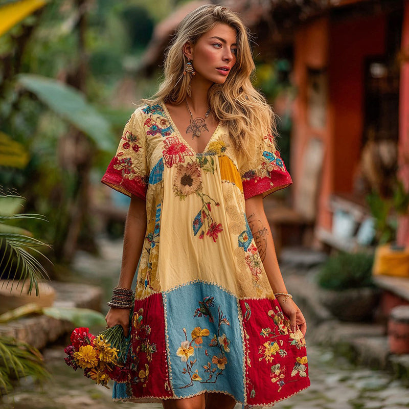 Women's Ethnic Floral Patchwork Linen V-neck Dress elevenforest