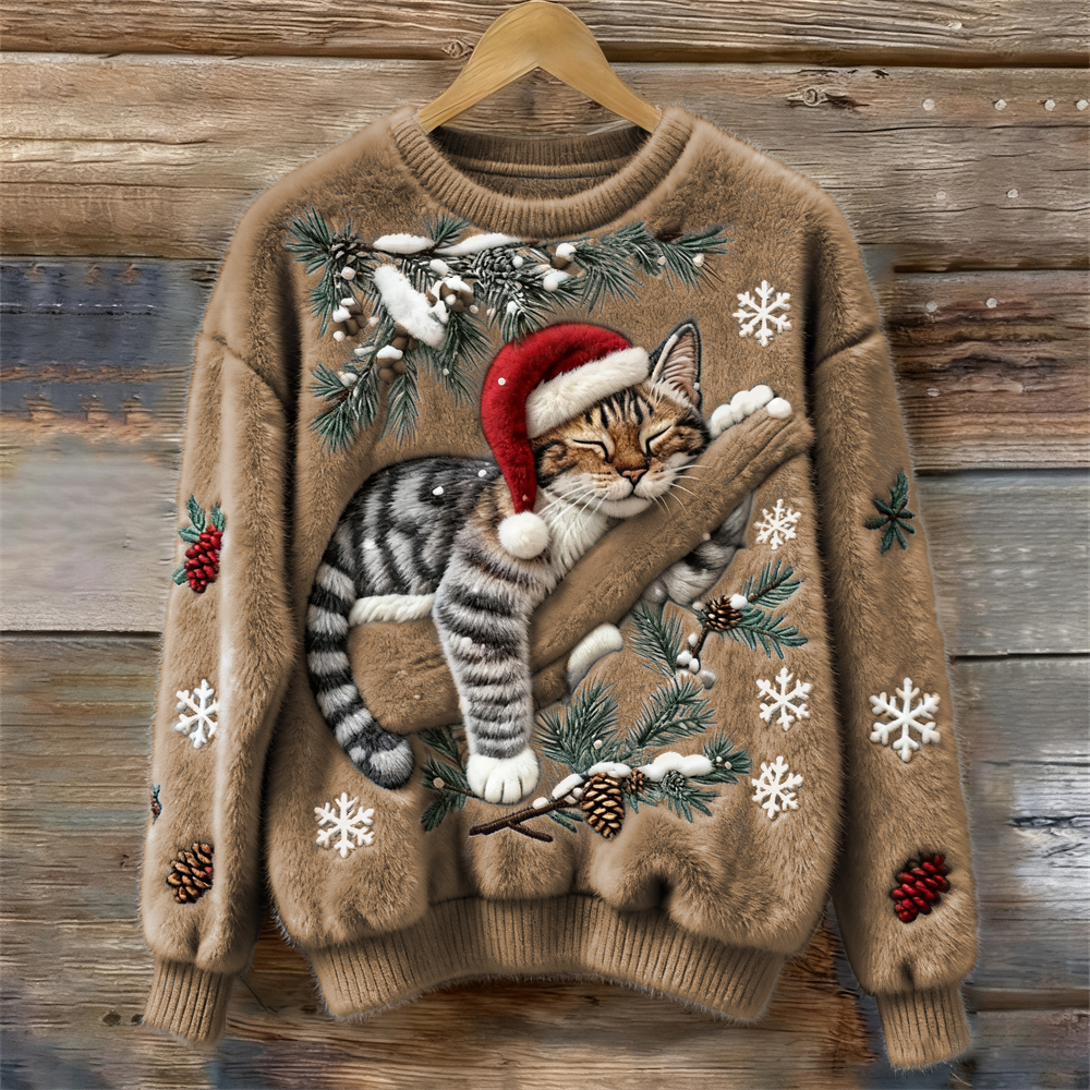 Christmas Lazy Cat Art Women's Cozy Plush Sweater elevenforest