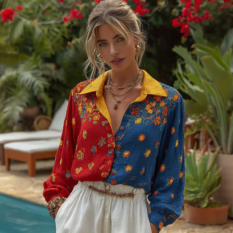 Women's Venezuelan Floral Pattern Linen Blend Shirt elevenforest