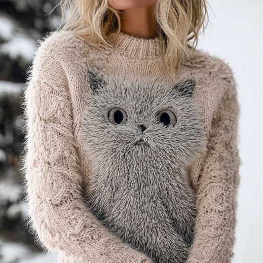 Cute Fuzzy Cat Embroidered Crew Neck Cozy Sweater elevenforest
