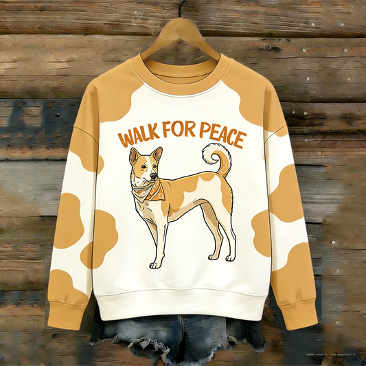 Comstylish Peace Dog Pattern Printed Retro Round Neck Long Sleeve T-shirt